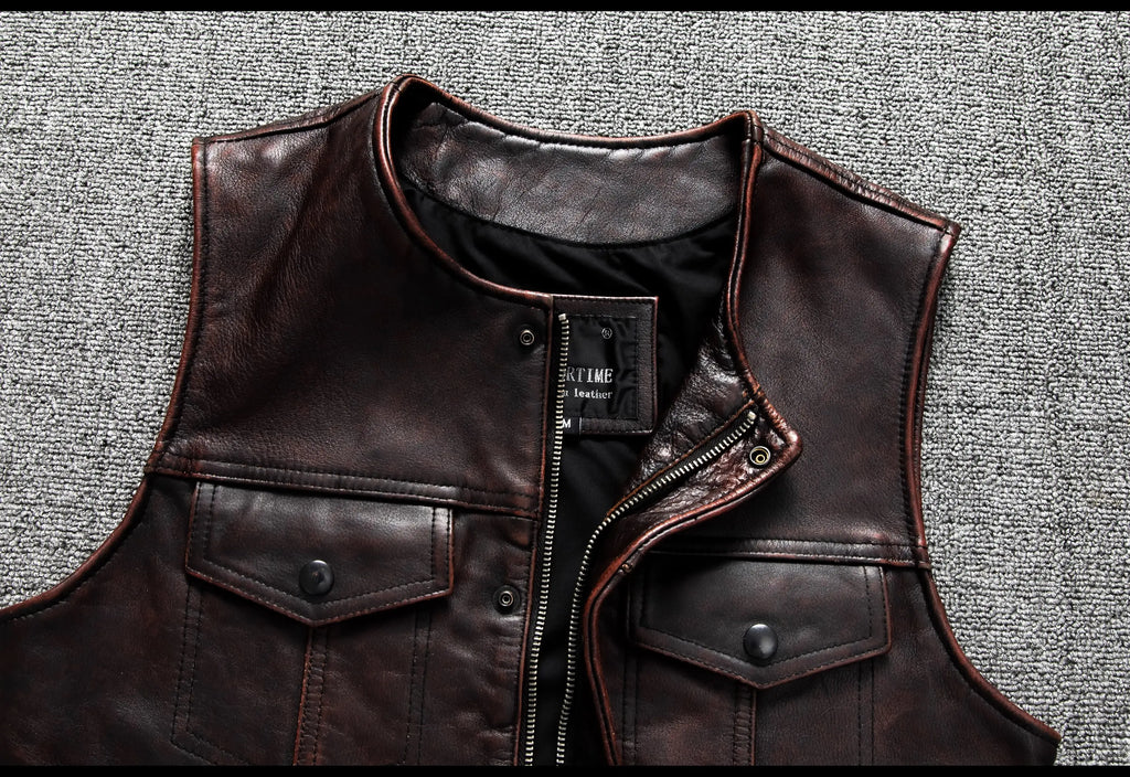 Red Brown Spring Leather Vest Men Retro Style Plus Size 6XL Genuine Natural Cowhide O-Neck Collar Slim Fit Short Sleeveless Coat