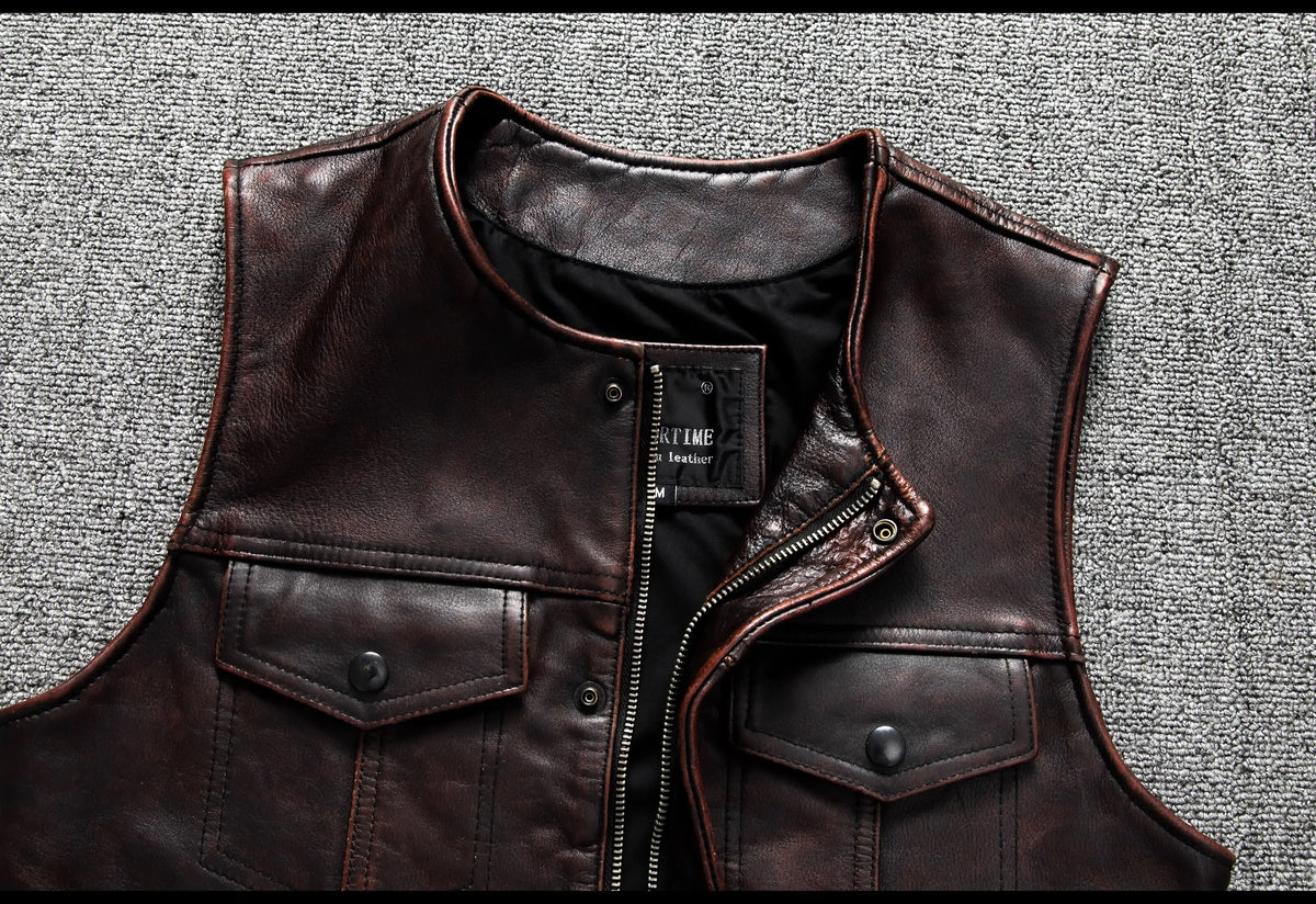 Red Brown Spring Leather Vest Men Retro Style Plus Size 6XL Genuine Natural Cowhide O-Neck Collar Slim Fit Short Sleeveless Coat