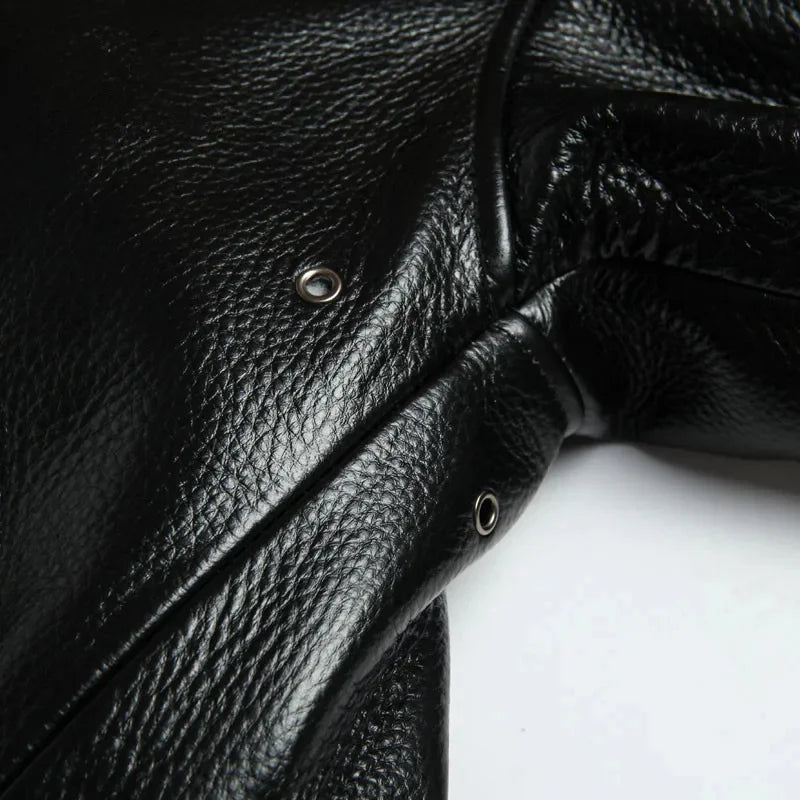 Black Winter Leather Jacket Men Military Style Europe Size Genuine Natural Thick Cowhide Warm Turn-Down Collar A2 Flight Coat