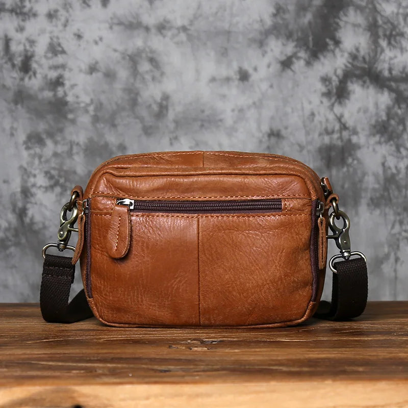 NZPJ Retro Genuine Leather Men's Shoulder Bag Casual Top Layer Cowhide Crossbody Bag Large Capacity  Men's Waist Bag