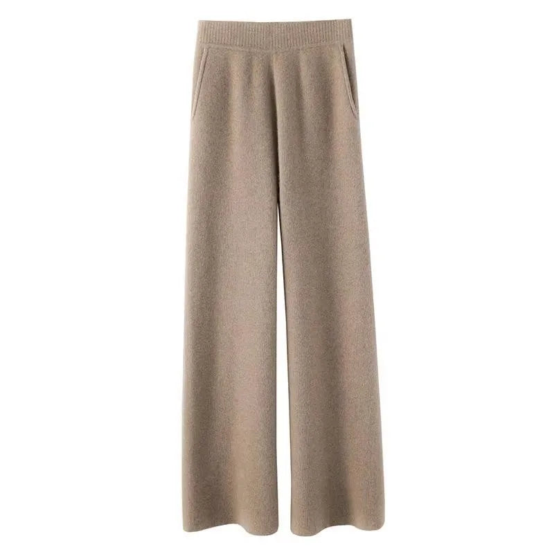 Loose Knitted Cashmere Wide Leg Pants Women's Autumn Winter Woolen Straight Cut Trousers Floor Length Pocket Design Elegant