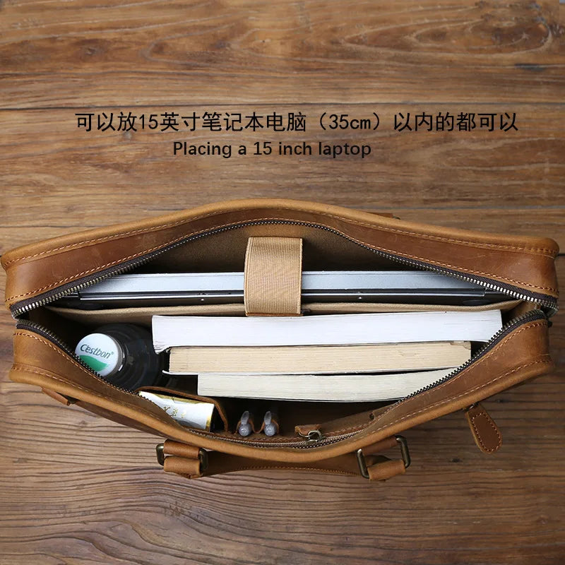NZPJ Vintage Genuine Leather Men's Briefcase Natural Cowhide Handbag Crossbody Leisure Commuting Computer Bag for Men