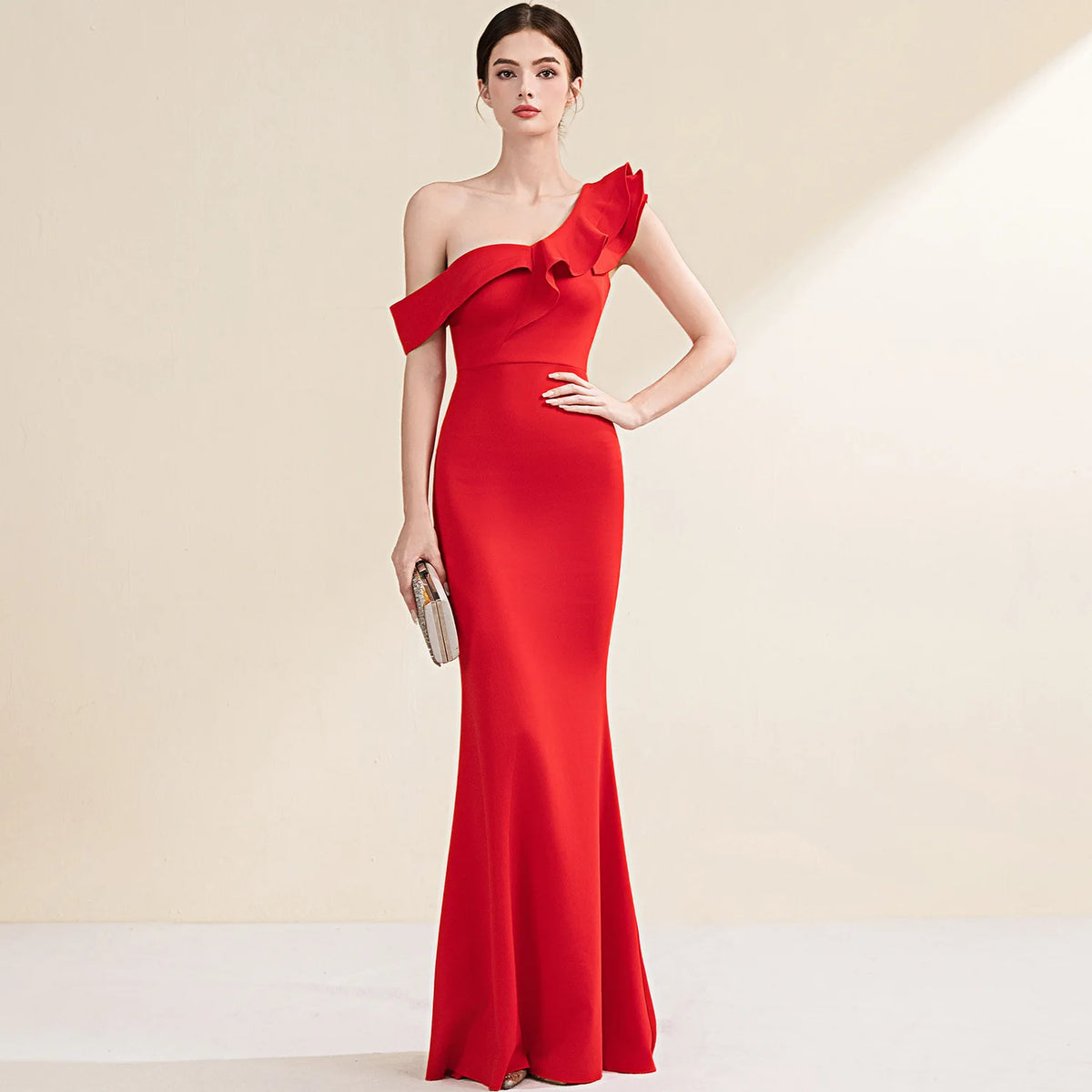 Elegant Evening Gown Slimming Fish Tail Dress Fashionable Shoulder Bared Polyester Long Sleeve High Waist Party Dress