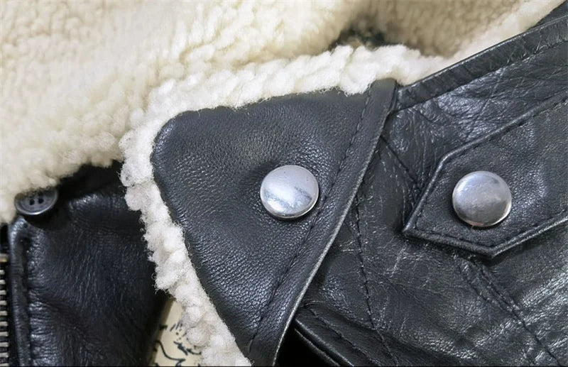 Black Winter Leather Jacket Men Retro Style Europe Size Genuine Natural Thick Sheepskin Turn-Down Collar Military G1 Flight Coat