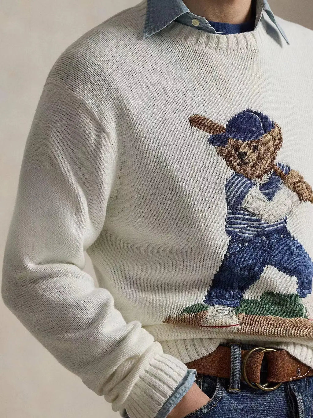 Yankees Baseball Bear Sweater Thick Knitted Cotton Linen Blend Long Sleeve round Neck Embroidered 3D Cartoon Casual Style