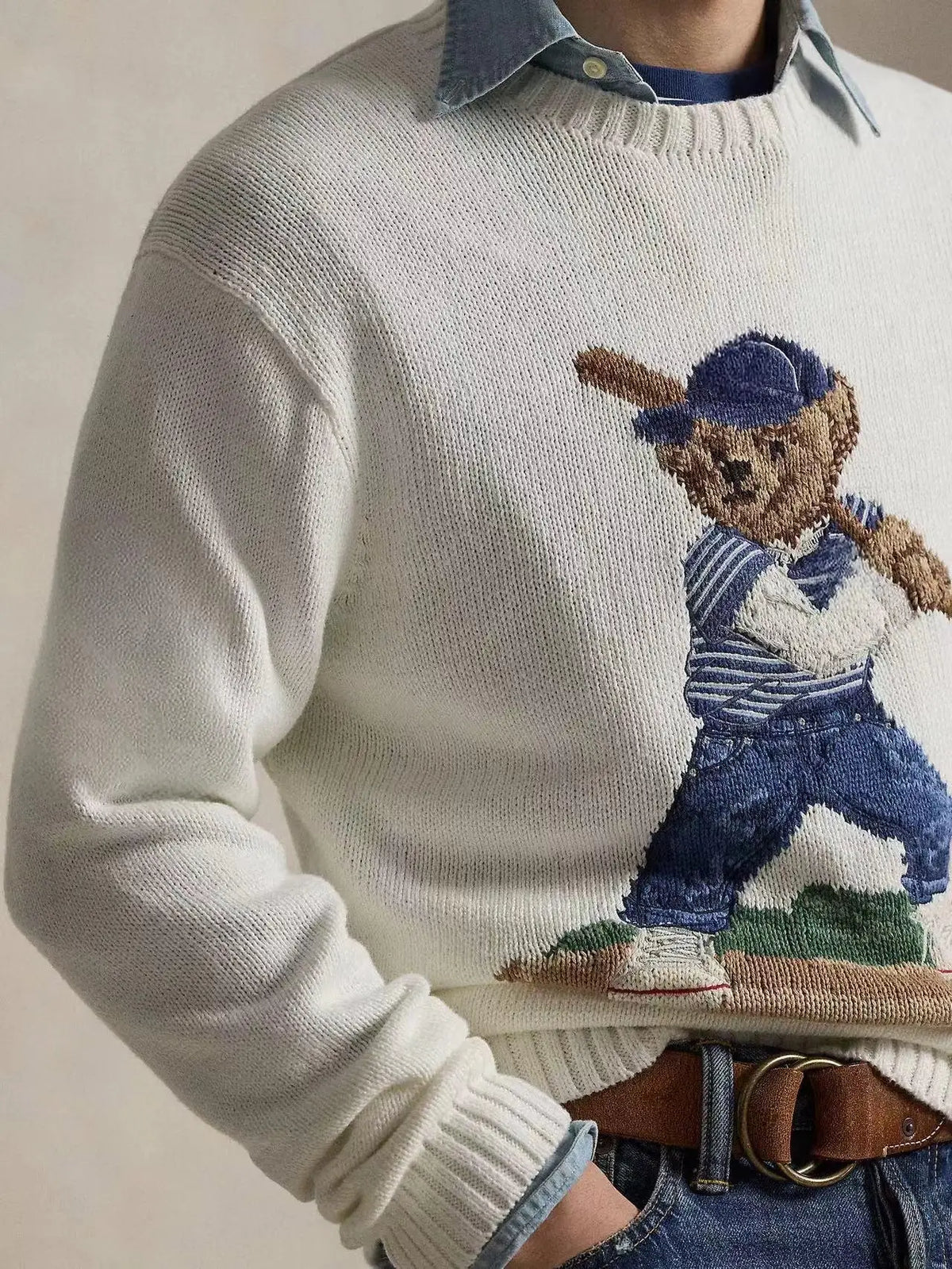 Yankees Baseball Bear Sweater Thick Knitted Cotton Linen Blend Long Sleeve round Neck Embroidered 3D Cartoon Casual Style