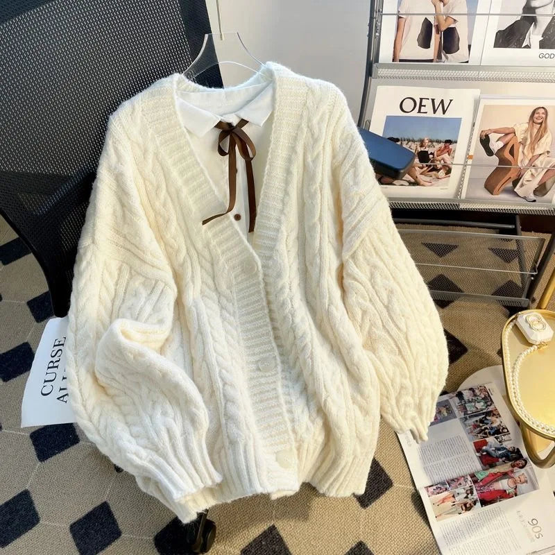 Women's Thickened Lazy Design Knitted Cardigan Sweater Outerwear Loose Princess Sleeve V-Neck Long Sleeve Autumn Winter Coat