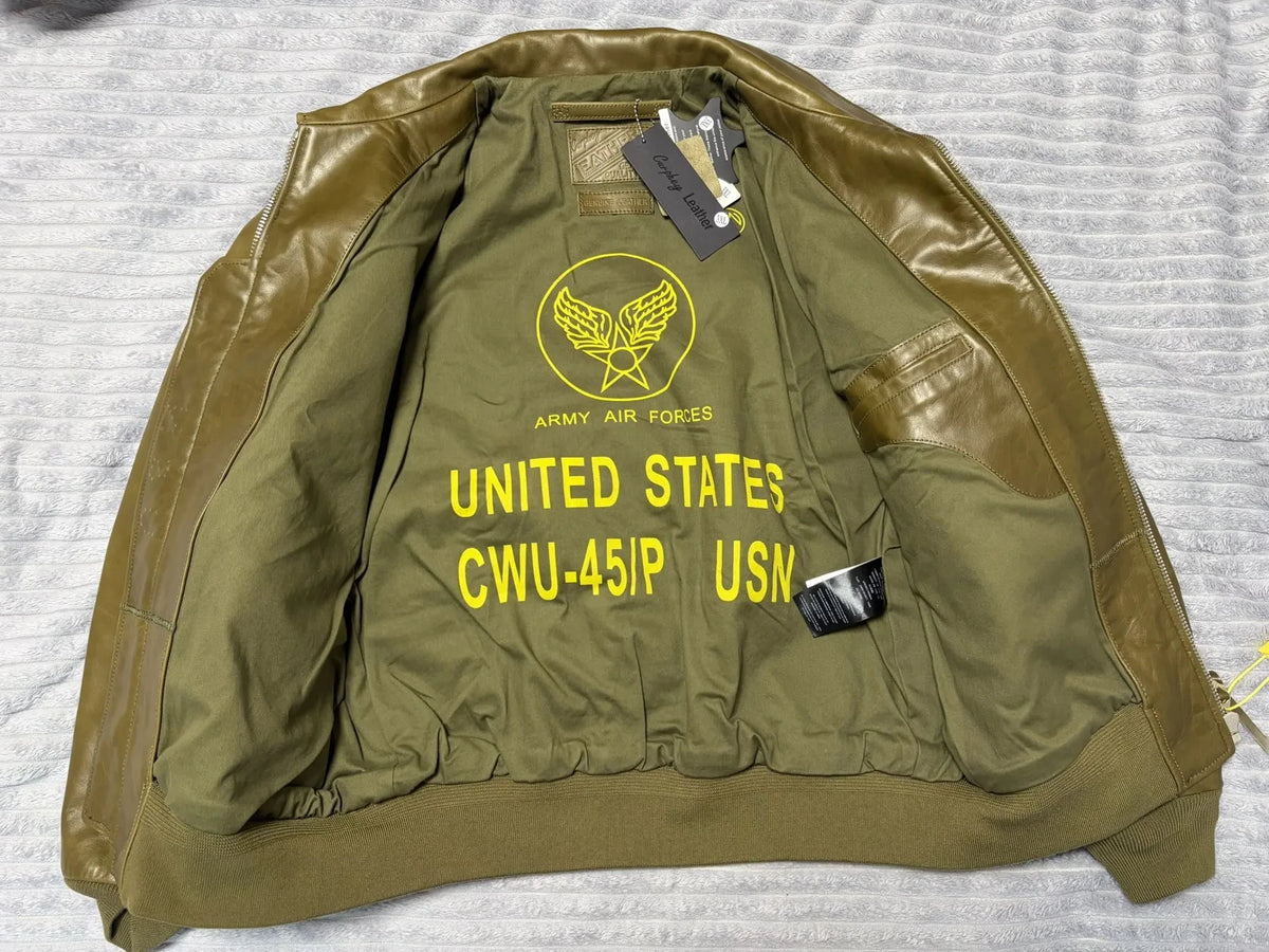 Olive Green Autumn Pilot Leather Jacket Men Military Style Plus Size 5XL Genuine Natural Cowhide CWU-45P Flight Leather Coat