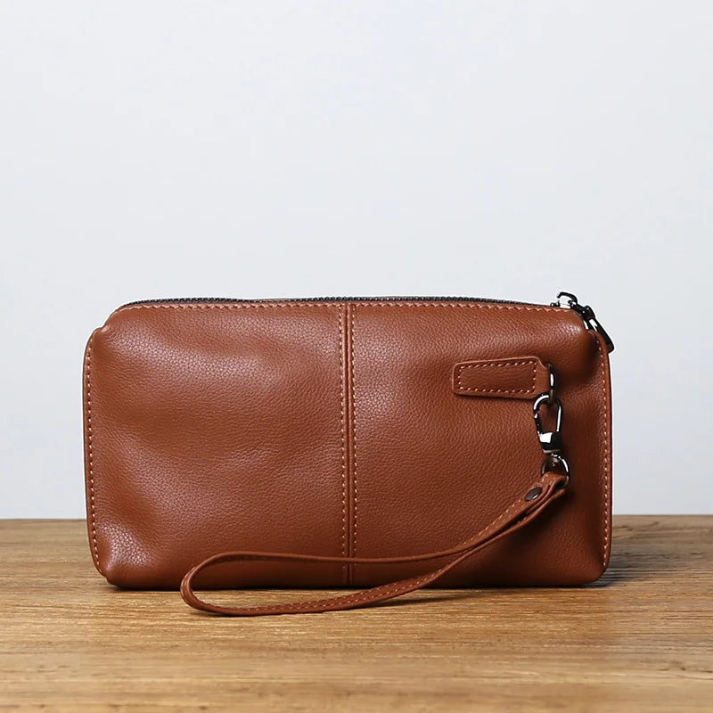 NZPJ Leather Leisure Man With Long Purse, Soft Leather, Hand Zipper, Money Chuck Layer, Cowhide Credit Card Bag, Cell Phone Bag