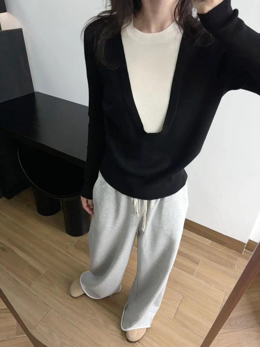 Andy Velvet Washed Large U-Neck Layered Slim Fit Knitwear Design Sensation Color Block Autumn Winter Top Polo Collar Sleeveless