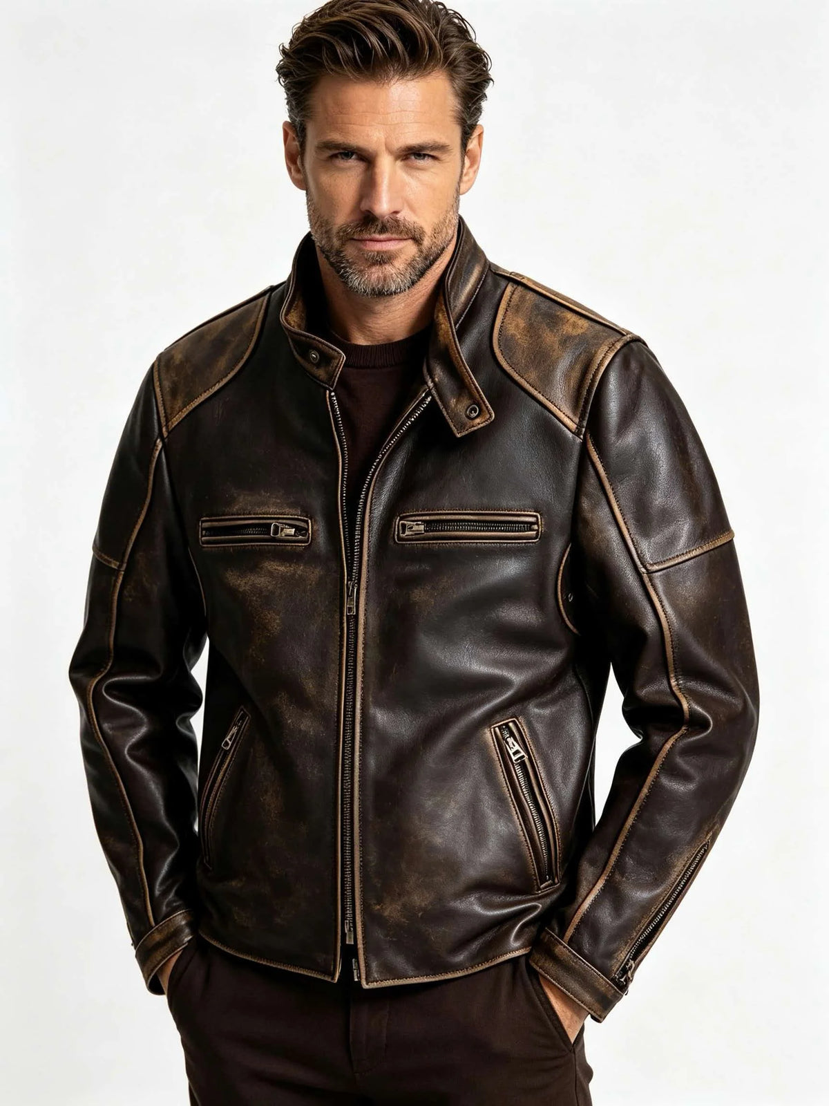Dark Brown Autumn Leather Jacket Men Retro Style Plus Size 6XL Genuine Natural Cowhide Stand Collar J100 Motorcycle Sports Coat