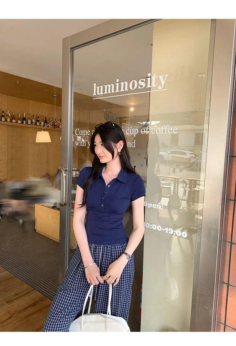 American Style Collared Short Sleeve T-Shirt Women Summer Slim Fit Flattering Short Length Fashionable Casual Commute Wear