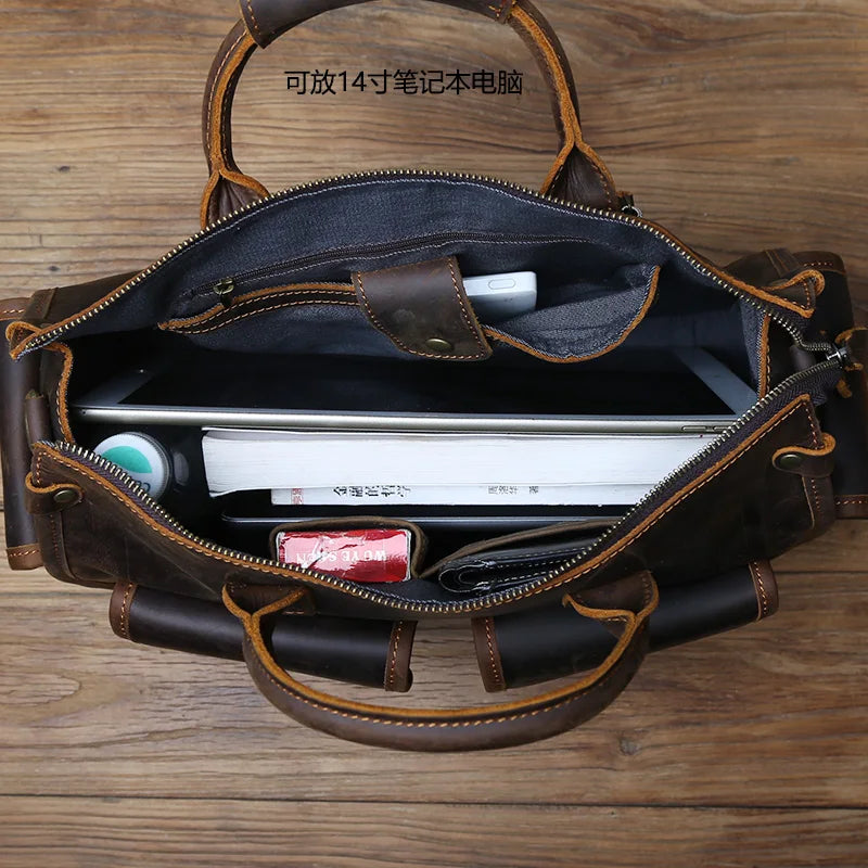 NZPJ Vintage Genuine Leather Men's Briefcase Crazy Horse  Handbag Natural Cowhide Travel Bag Casual Shoulder Crossbody Bag