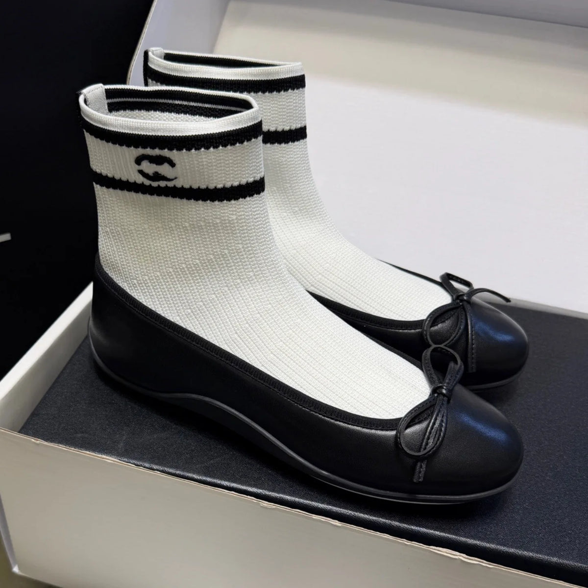 Elegant Mary Jane Shoes Women's Casual Butterfly Knot Elastic Slim Boots French Ballet Style Splicing Breathable Waterproof