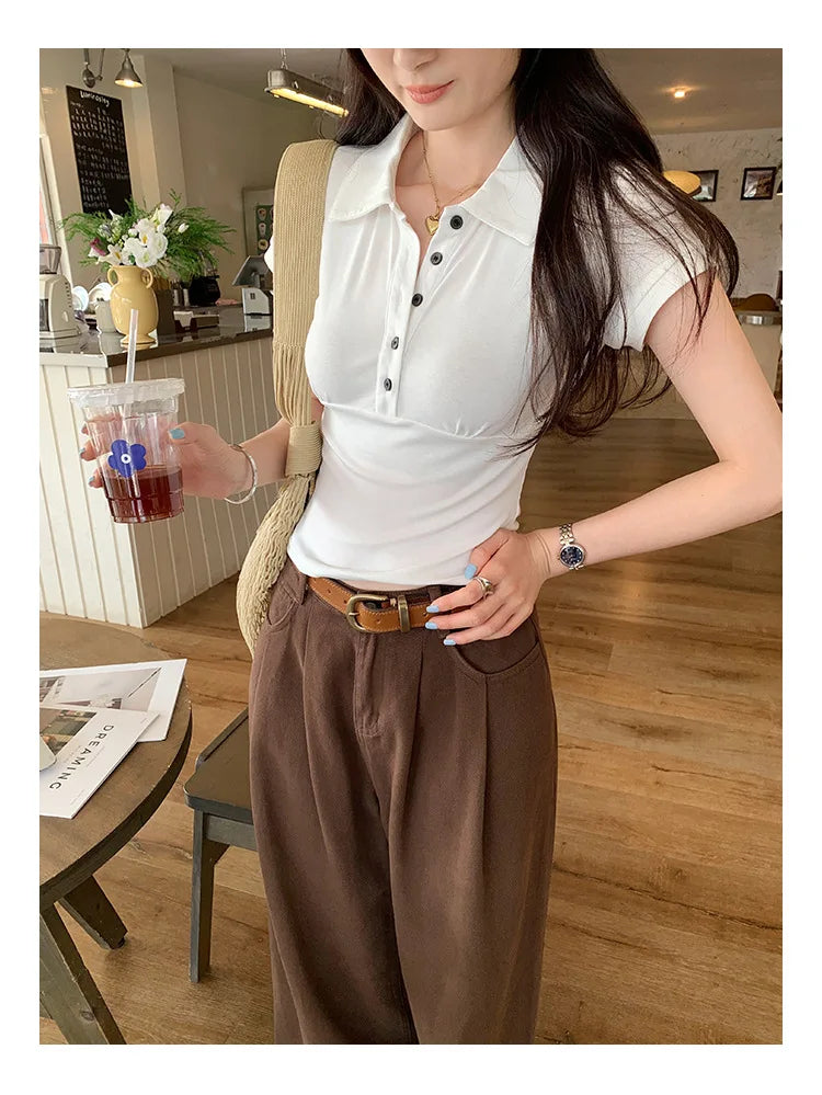 American Style Collared Short Sleeve T-Shirt Women Summer Slim Fit Flattering Short Length Fashionable Casual Commute Wear