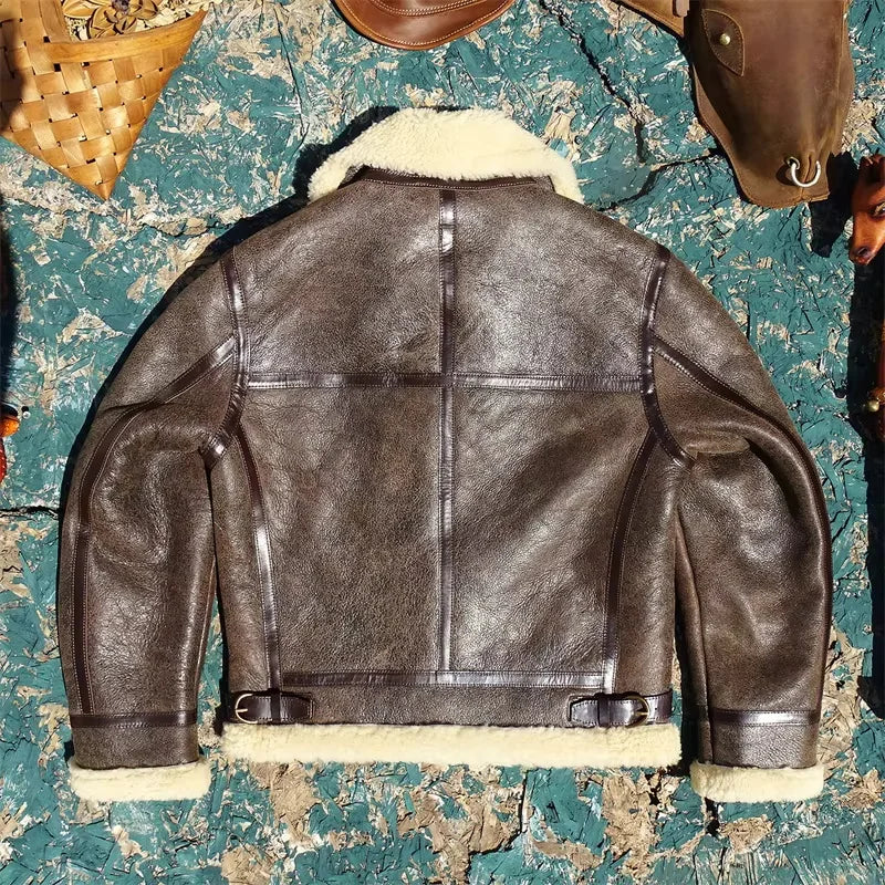 Dark Brown Winter Shearling Jacket Men Retro Style Plus Size 5XL Genuine Natural Thick Sheepskin B6 Bomber Flight Coat