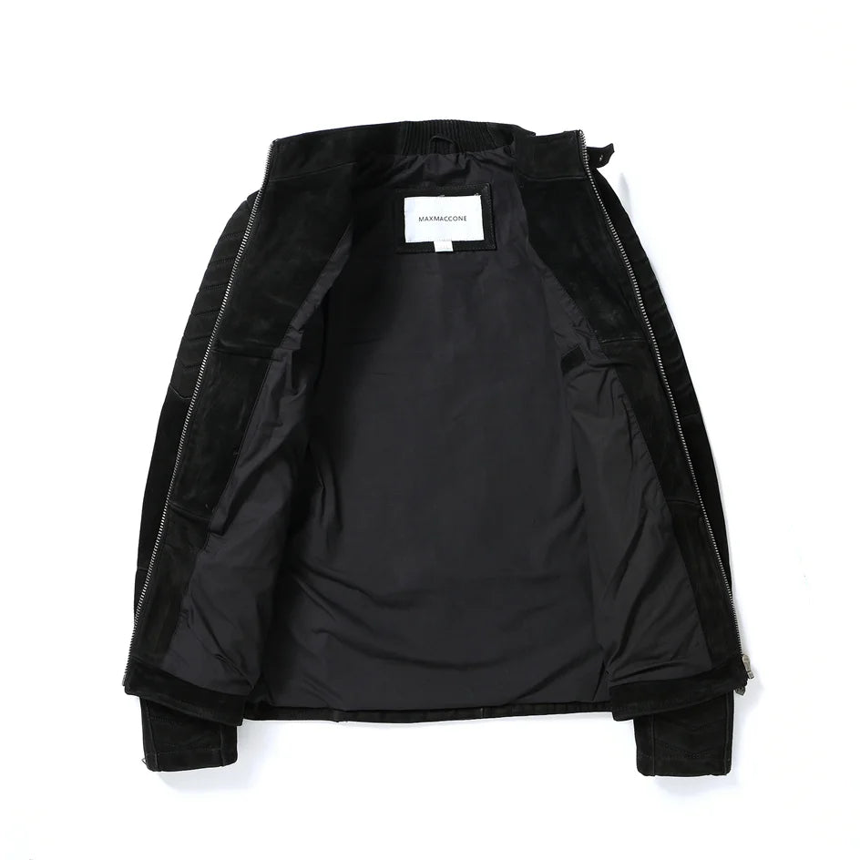 Black Winter Leather Jacket Men Vintage Style Plus Size 3XL Genuine Natural Thick Cow Suede Stand Collar Skulls Pattern Coat