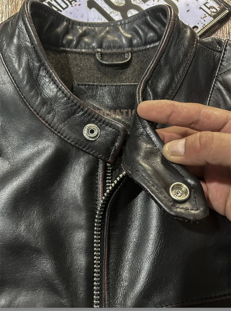 Black Winter Leather Jacket Men Vintage Style Plus Size 5XL Genuine Natural Cowhide Stand Collar Slim Fit Leather Coat