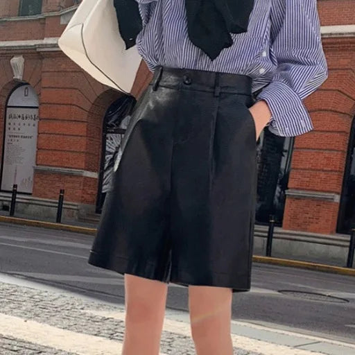 2025 PU Leather Shorts Women's Autumn Winter Loose A-Line High Waist Wide Leg Five-Quarter Length Slimming Comfortable Casual