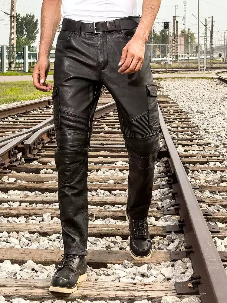 Black Winter Leather Trousers Men Vintage Style Plus Size 4XL Real Natural Thick Cowhide Add Protection Device Motorcycle Pants