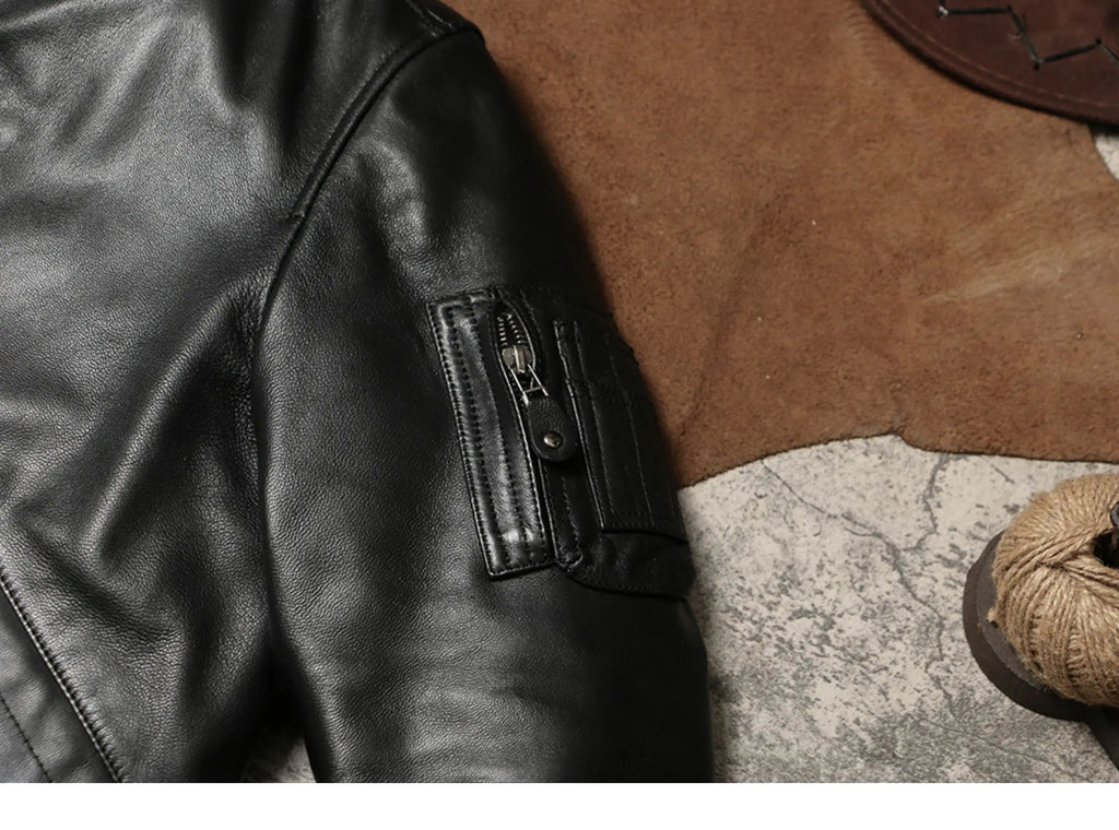 Black Winter Leather Jacket Men Military Style Plus Size 5XL Genuine Natural Sheepskin Thick Warm MA1 Flight Leather Coat