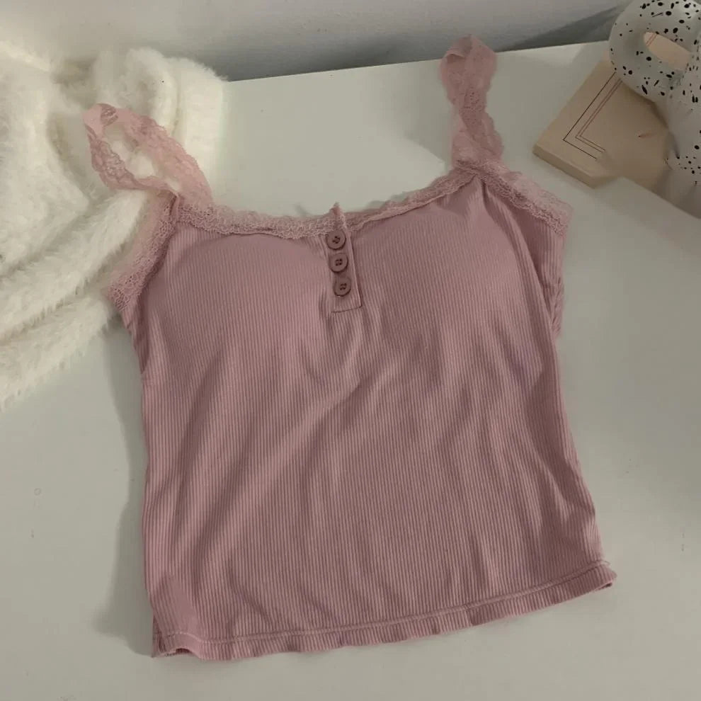 plus Size Lace Insert Camisole Tank Top with Chest Pad Inner Wear Outerwear Design Sense Bottoming Vest Big Size Women