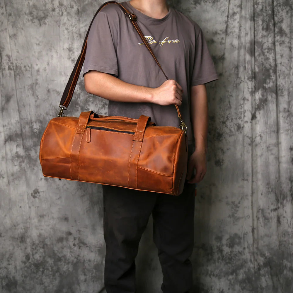 NZPJ Retro Genuine Leather Men's Travel Baotou Layer Cowhide Handbag Crazy Horse Leather Single Shoulder Crossbody Bag