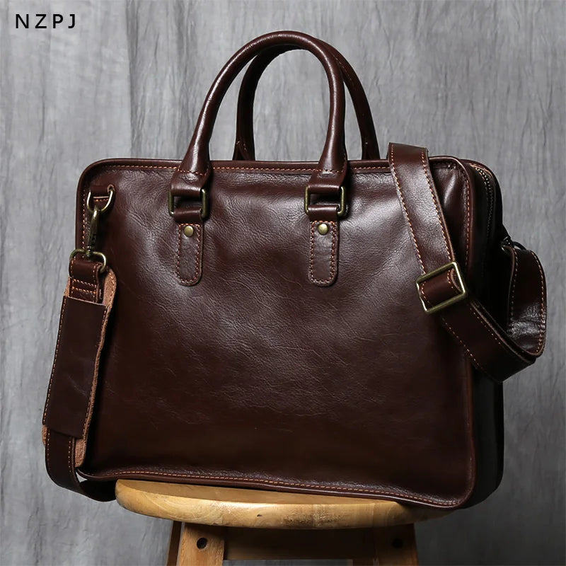 NZPJ Vintage Genuine Leather Men's Briefcase Natural Cowhide Handbag Casual Crossbody Bag Computer Suitable for 14 inch Laptops