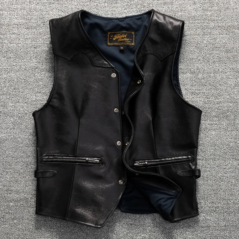 Black Spring Leather Vest Men Casual Style Plus Size 5XL Genuine Natural Sheepskin Single Breasted Short Sleeveless Coat