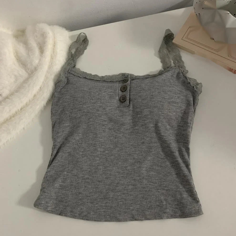 plus Size Lace Insert Camisole Tank Top with Chest Pad Inner Wear Outerwear Design Sense Bottoming Vest Big Size Women