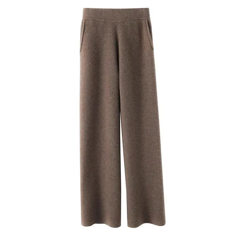 Loose Knitted Cashmere Wide Leg Pants Women's Autumn Winter Woolen Straight Cut Trousers Floor Length Pocket Design Elegant