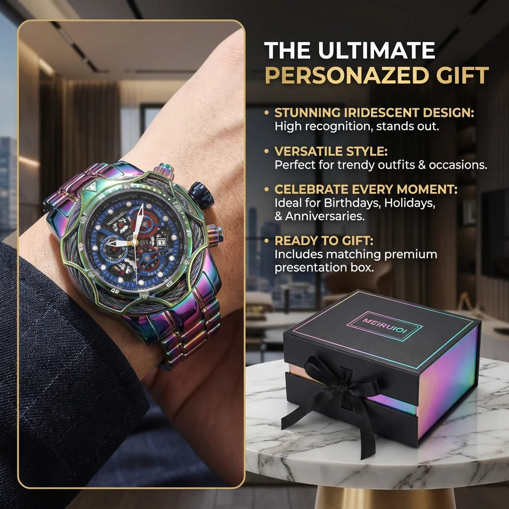 1pc Iridescent Color Changing Metal Strap Watch Mechanical Hollow Dial Chronograph Fashion Trendy Wristwatch For Men Women Daily