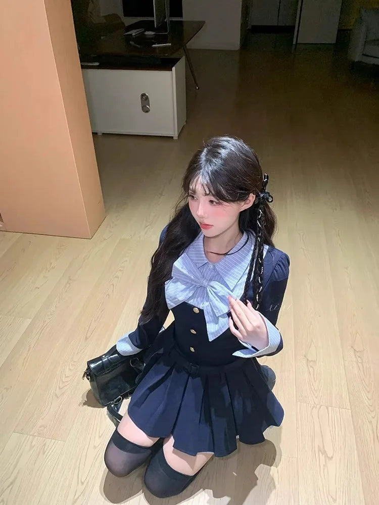 Fall Korean Style INS Dress Set Fake Two-Piece Polo Collar Long Sleeve Short Skirt A- Line Pleated Skirt Atmosphere Rich Girl