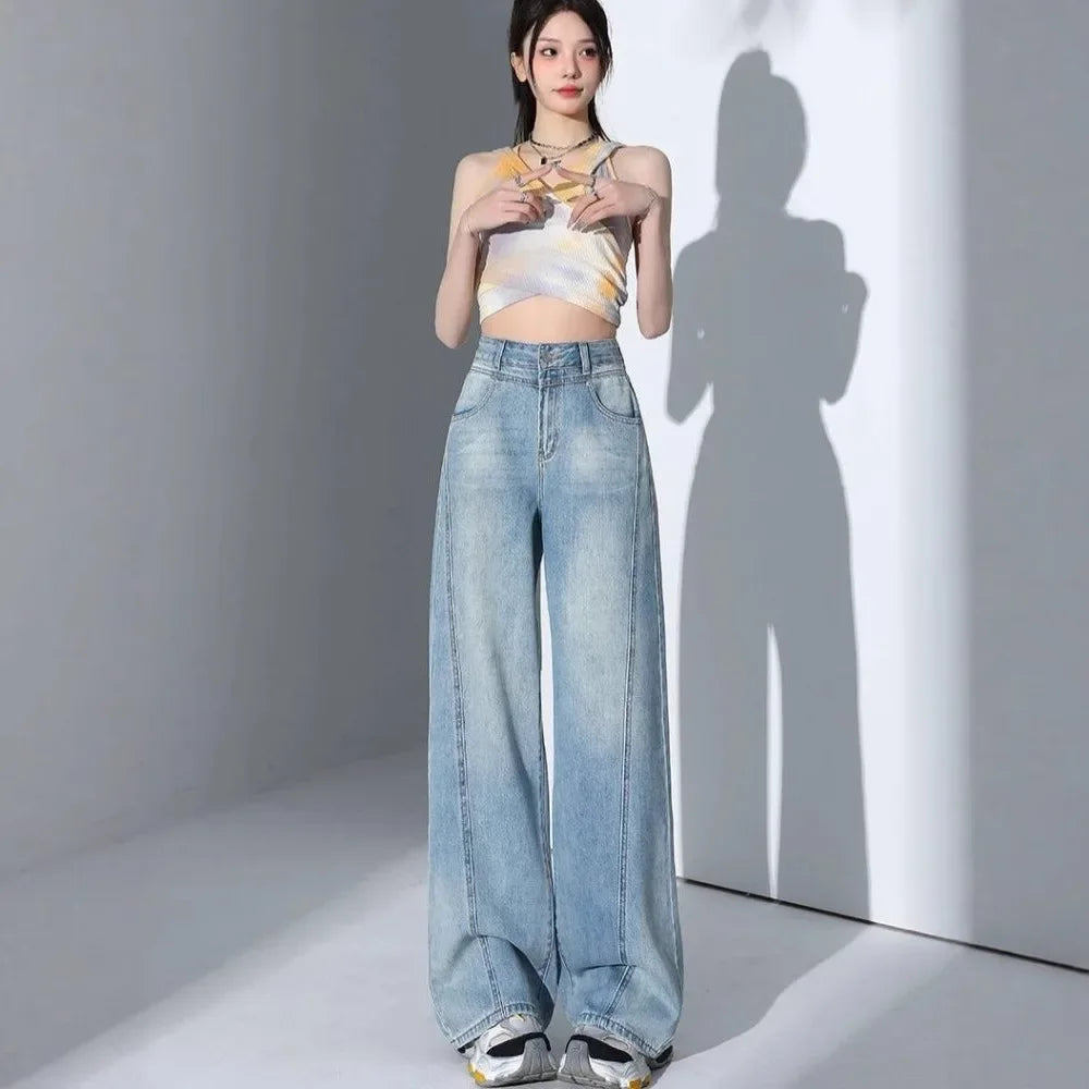 American Style High Waist Loose Women's Blue Jeans Retro Straight Leg Pants Drapey Floor-Length Trousers Versatile Wide Leg Pant