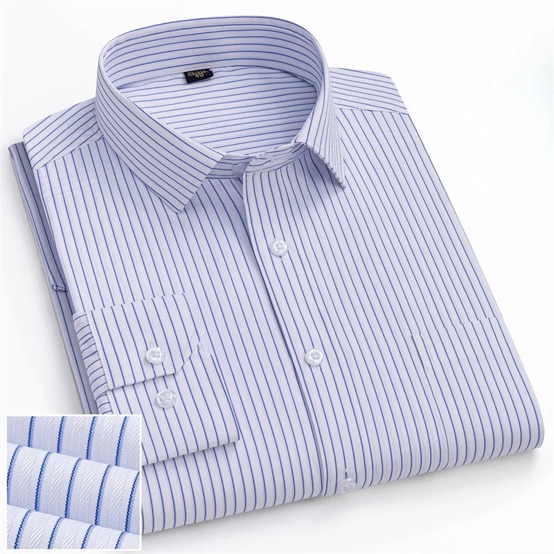 Men Formal Shirt Long Sleeve Office Solid Color Striped Fashion Business Pocket White Social Shirt Men's Clothing 5XL 6XL