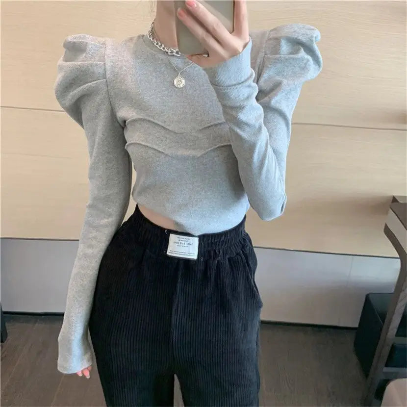 Slim Fit round Neck Long Sleeve Bubble Sleeve Top Women's Autumn Winter Short Base Layer Shirt Hong Kong Style Design Sense Top