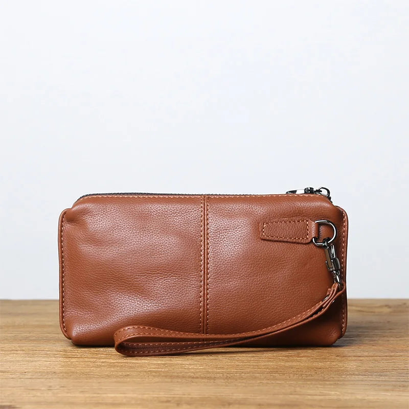NZPJ Leather Leisure Man With Long Purse, Soft Leather, Hand Zipper, Money Chuck Layer, Cowhide Credit Card Bag, Cell Phone Bag