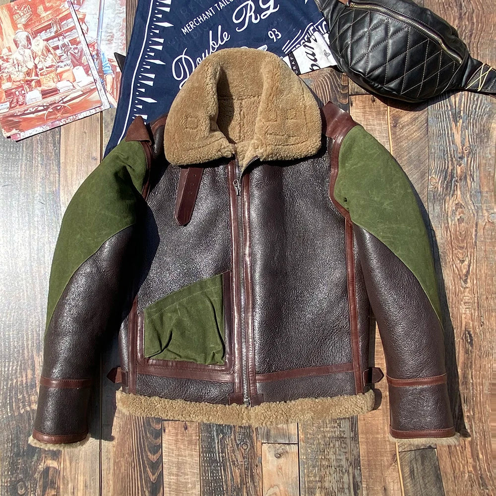 Dark Brown Winter Shearling Jacket Men Retro Style Plus Size 6XL Genuine Natural Thick Sheepskin Turn-Down Collar Flight Coat