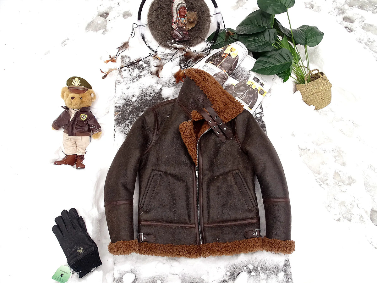 Dark Brown Winter Shearling Jacket Men Retro Vintage Style Plus Size 4XL Genuine Natural Sheepskin Bomber Military Flight Coat