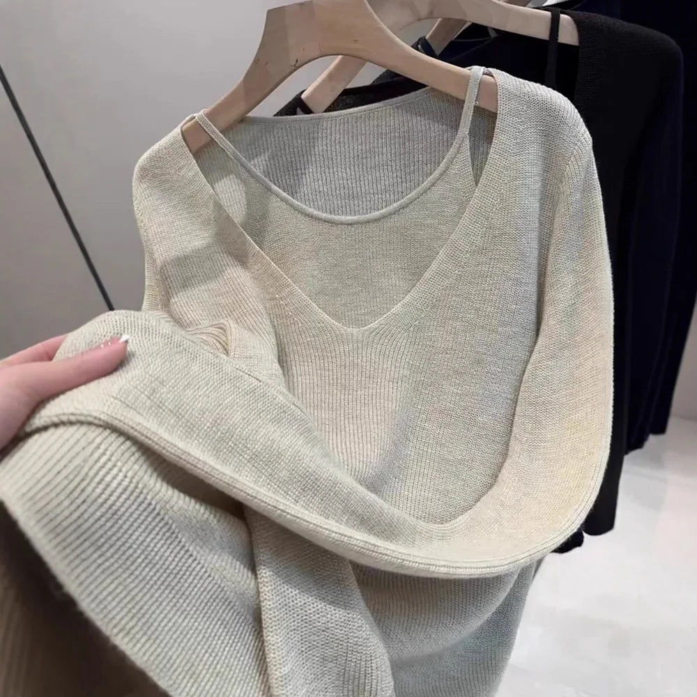 Ladies' Knitted Woolen Loose Fashionable Top Hollow out Fake Two-Piece Style Autumn New Arrival Comfortable Casual Korean Style