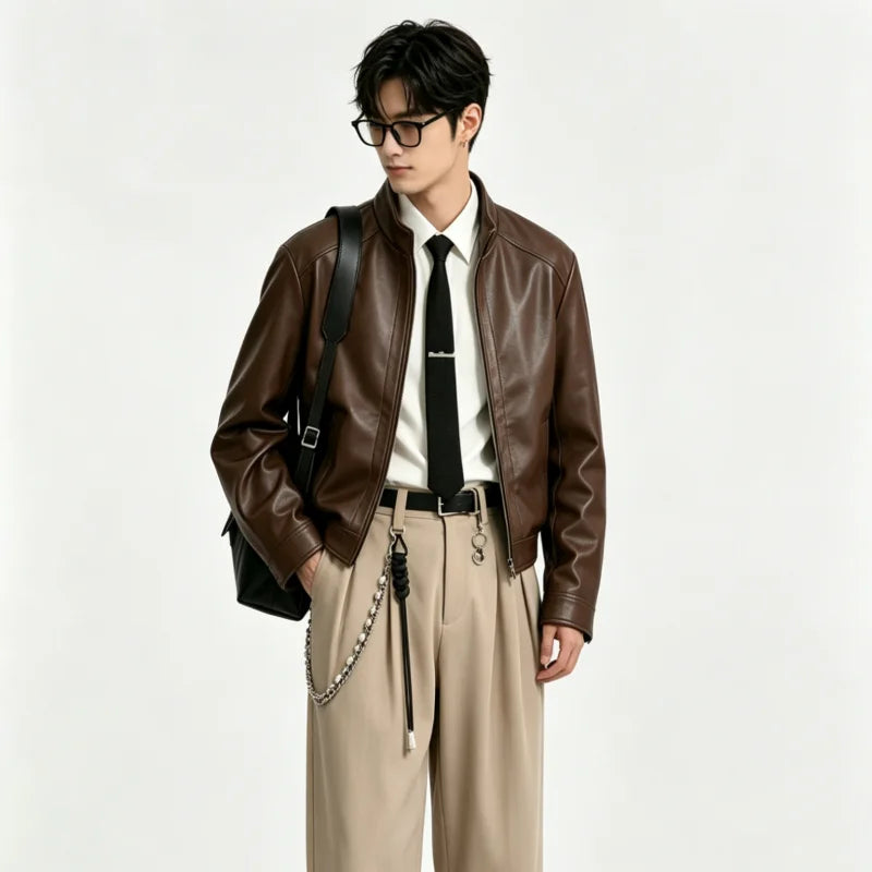 Men Spring Autumn Stand Collar Thin PU Leather Jackets Men Motorcycle Outer Coats Men Versatile Daily Casual Leather Jackets