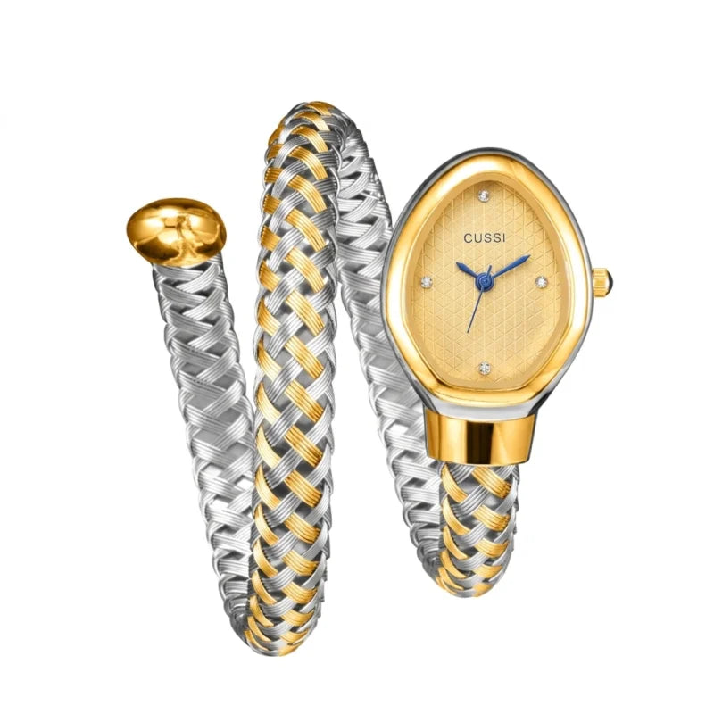 4pc Women's Gold-Silver Braided Metal Elegant Diamond Accents Quartz Watch & Bracelets Gift Set for Birthday, Valentine's Day