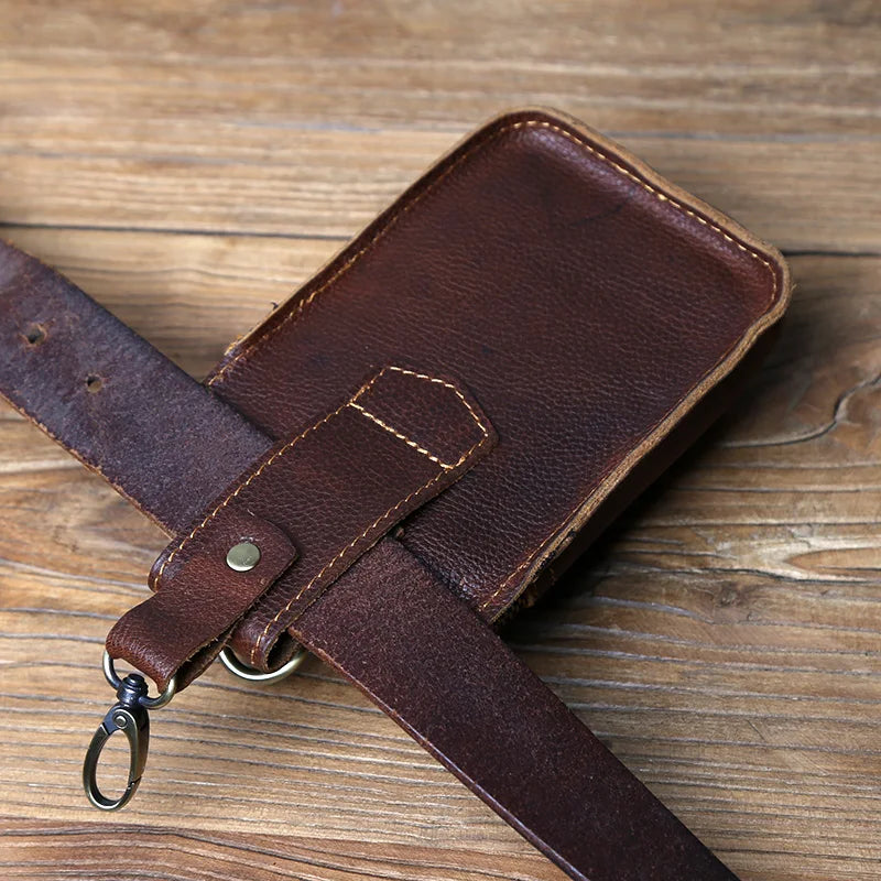 NZPJ Genuine Leather Men's Waist Bag Top Layer Cowhide Fashion Hook Bag Leisure Belt Bag Cigarette Box 6.5-inch Mobile Phone Bag