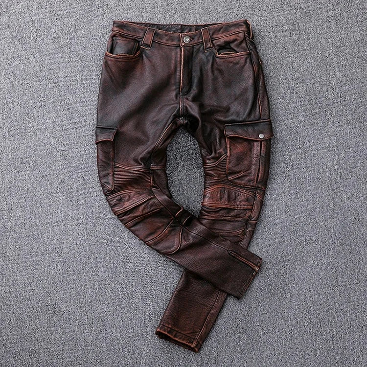 Black Winter Leather Trousers Men Vintage Style Plus Size 4XL Real Natural Thick Cowhide Add Protection Device Motorcycle Pants