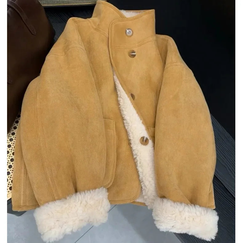 Plus Size Warm Short Outerwear Double-Sided Wear Stand Collar Lamb Fur Simulation Suede Polyester Fabric Korean Style Casual ...