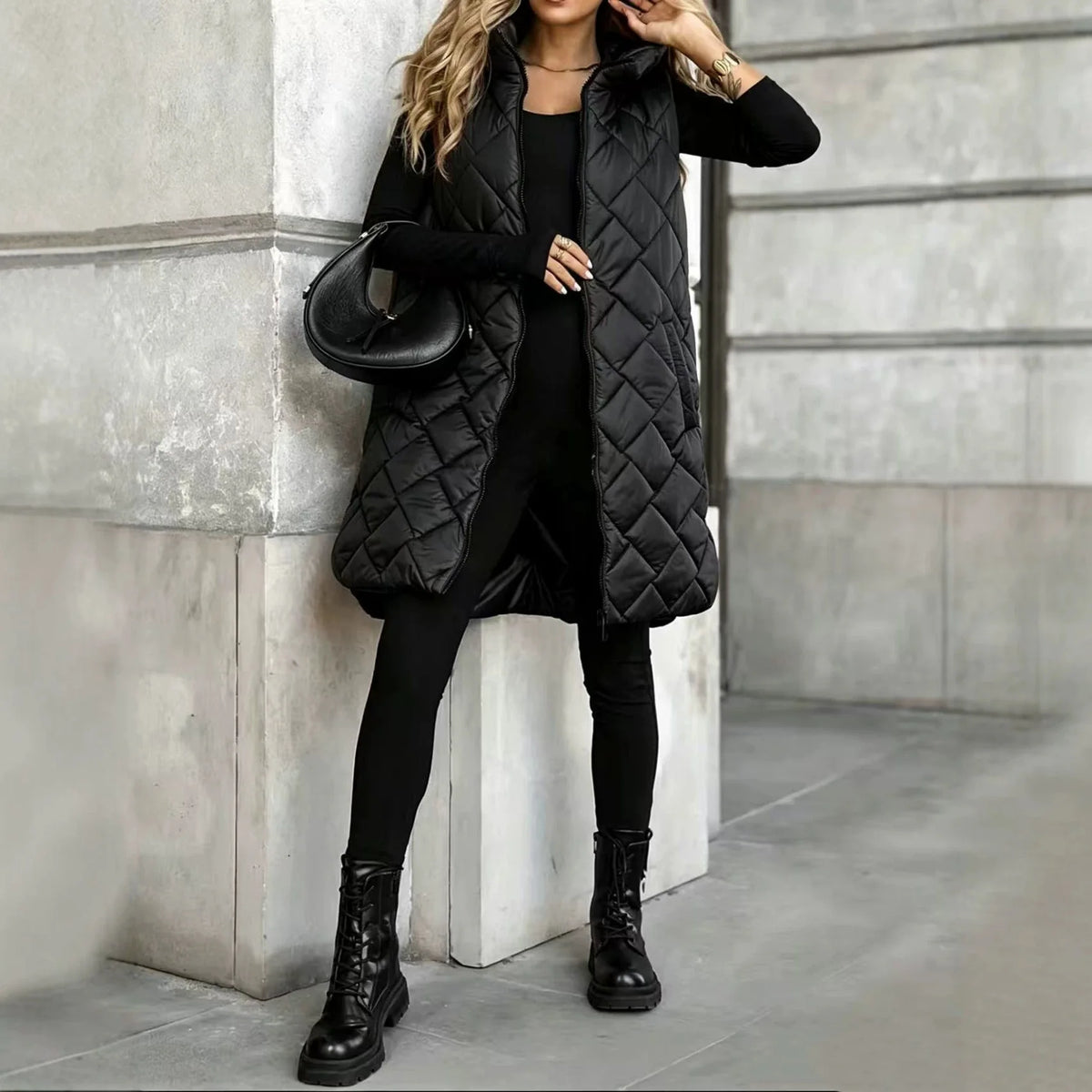 plus Size Women's Casual Hooded Vest Polyester Fabric Street Style Straight Cut Long Sleeve Zipper Closure Fashionable Outerwear