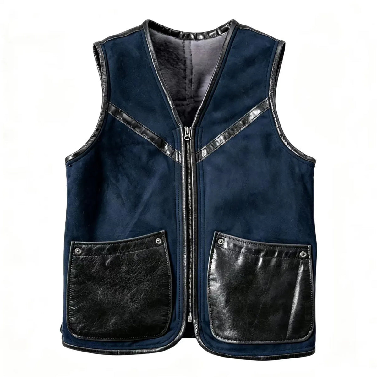 Blue Autumn Leather Vest Men Retro Style Plus Size 5XL Real Natural Sheepskin O-Neck Collar Slim Fit Shearling Sleeveless Coat