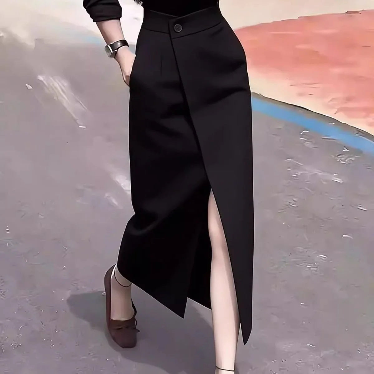 Black Asymmetric Suit Skirt Women's Spring Summer New High Waist Slimming Fashionable Midi Skirt New Arrival Casual Elegant