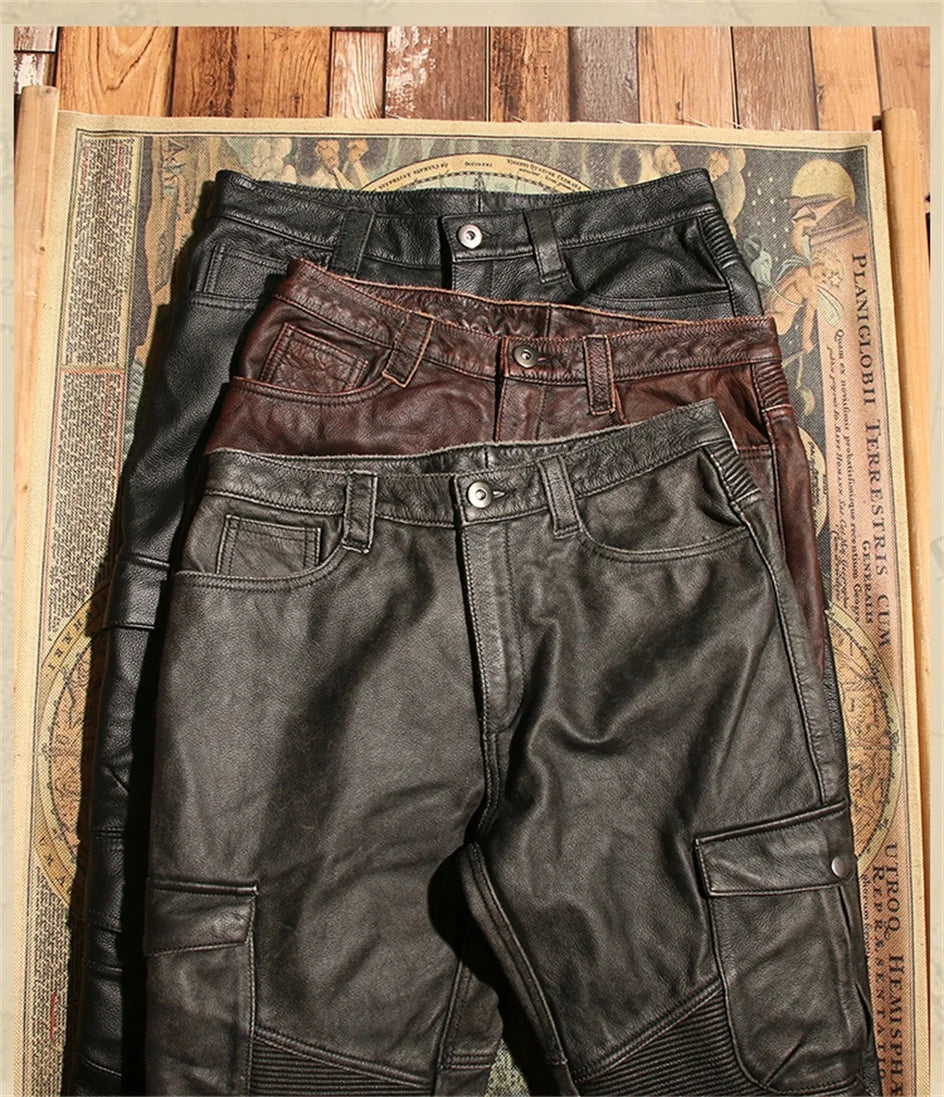 Retro Black Winter Leather Trousers Men Vintage Style Genuine Natural Cowhide Can Add Motorcycle Protection Device Leather Pants