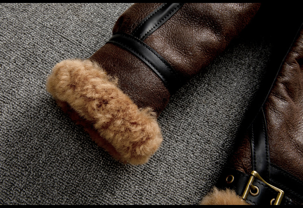 Brown Winter Shearling Jacket Men Retro Style Plus Size 5XL Genuine Natural Sheepskin Turn-Down Collar Thick Warm B3 Flight Coat